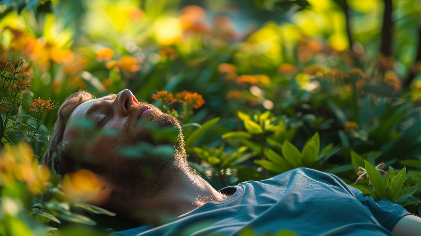 A person is shown in deep relaxation in a tranquil setting.