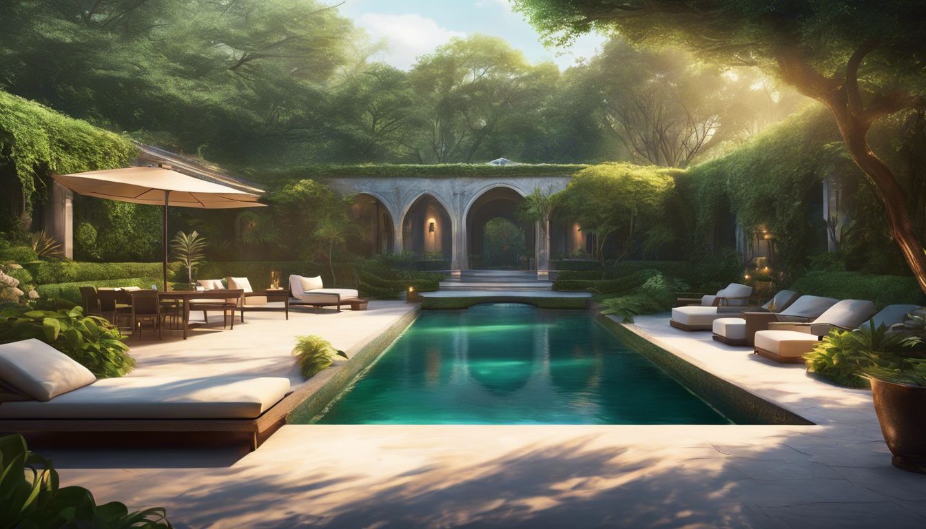 A serene and inviting pool with lush surroundings and comfortable lounge areas.