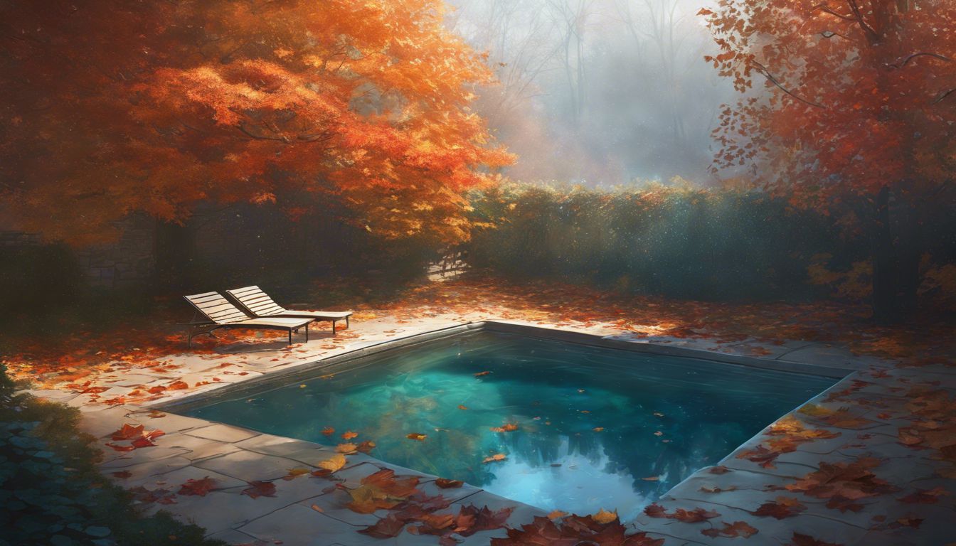 A closed swimming pool with a winter cover and fallen leaves.