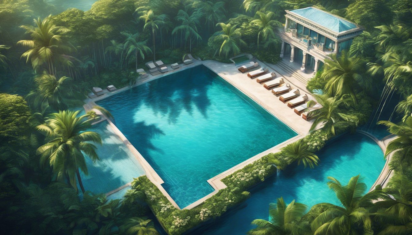 A beautiful tropical swimming pool surrounded by lush foliage.