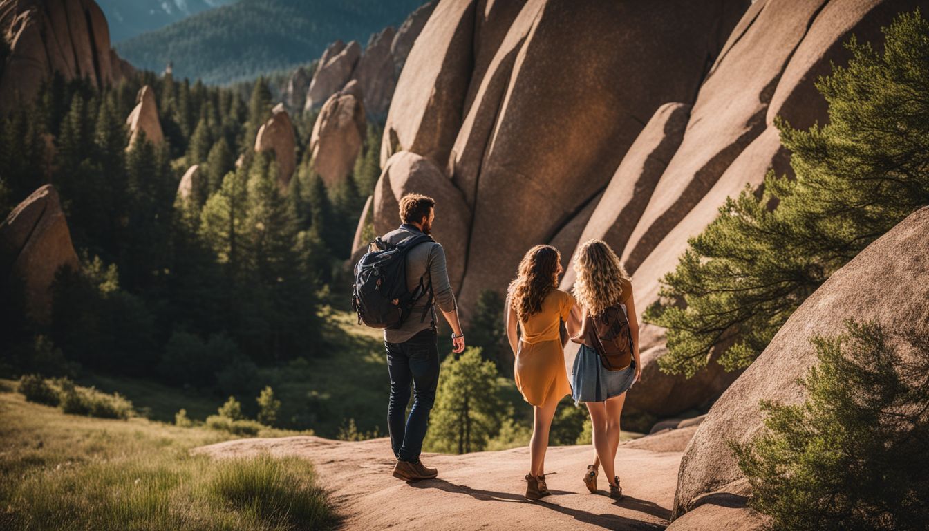 A couple exploring the Boulder Flatirons in a bustling natural atmosphere, captured in crystal clear detail.