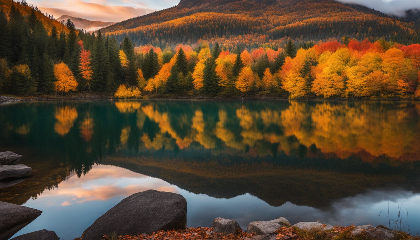 A mountain lake reflecting colorful fall foliage in a serene setting.