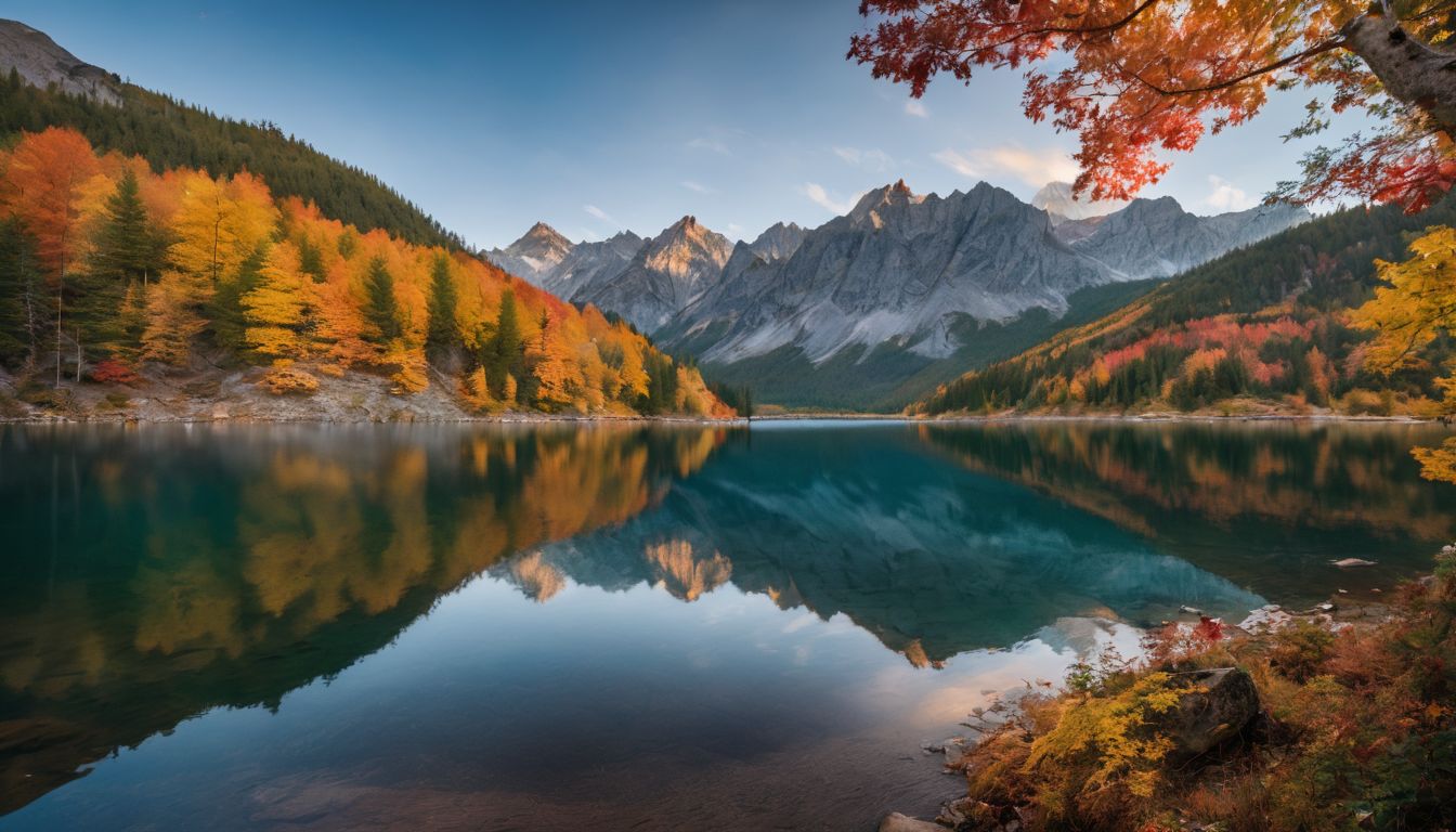 A serene mountain lake with vibrant autumn foliage reflected in it.