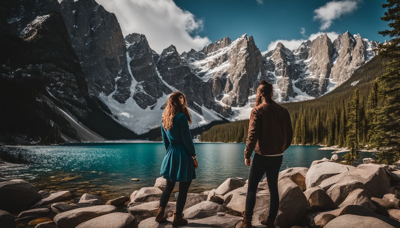 A couple standing by Dream Lake in the Rocky Mountains, with different outfits and natural surroundings.