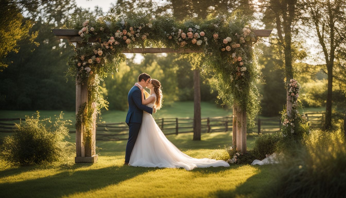 A bride and groom embrace under a romantic outdoor wedding arbor.