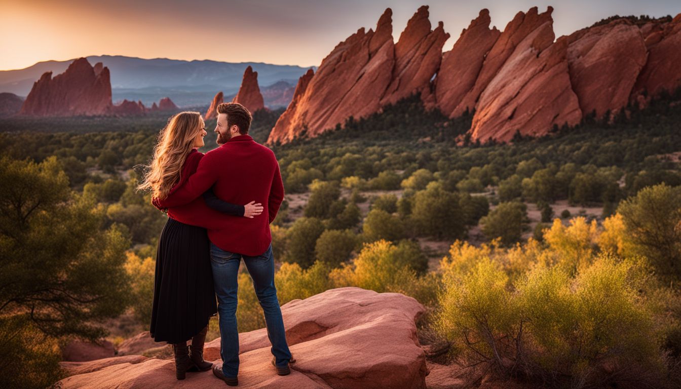 A couple embracing with the Garden of the Gods rock formations in the background.