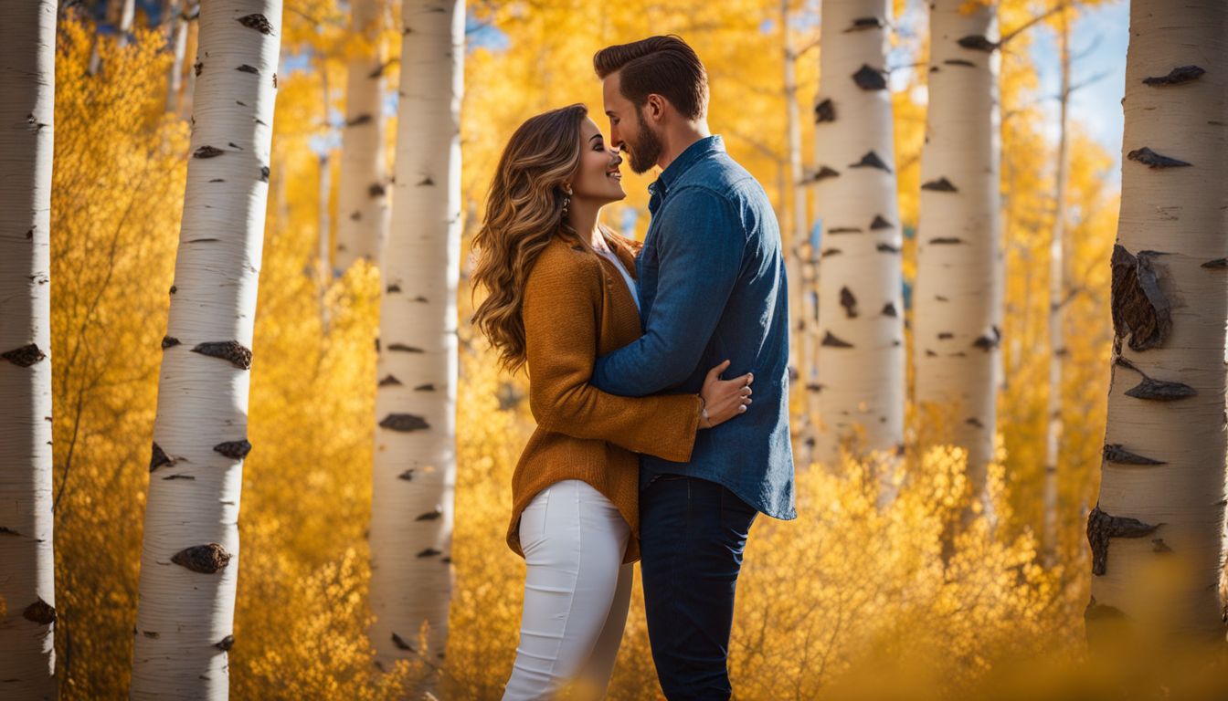 A couple embracing in front of vibrant aspen trees in nature photography.
