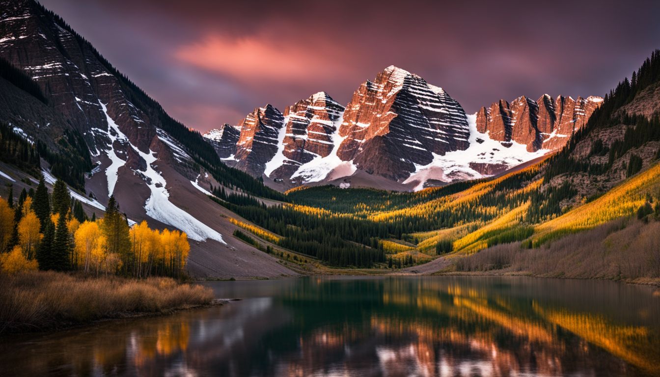 A photo of the iconic Maroon Bells with a bustling atmosphere and stunning mountain backdrop.