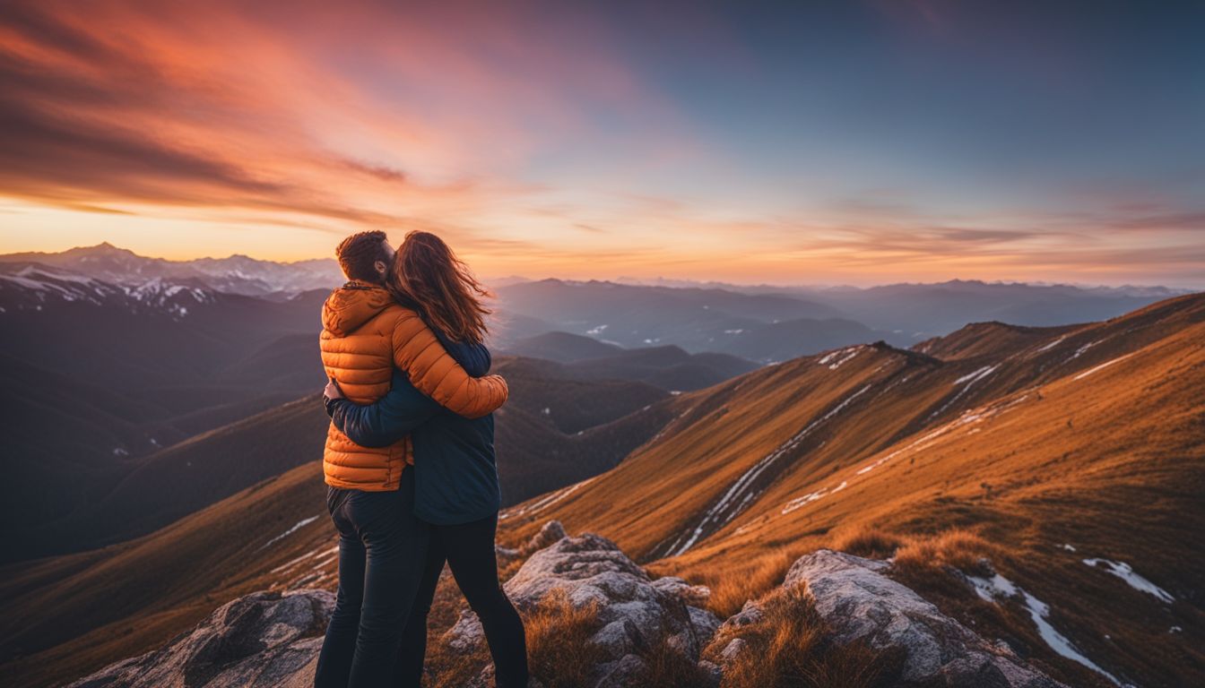 A couple embracing on a mountain peak with a stunning sunset backdrop.
