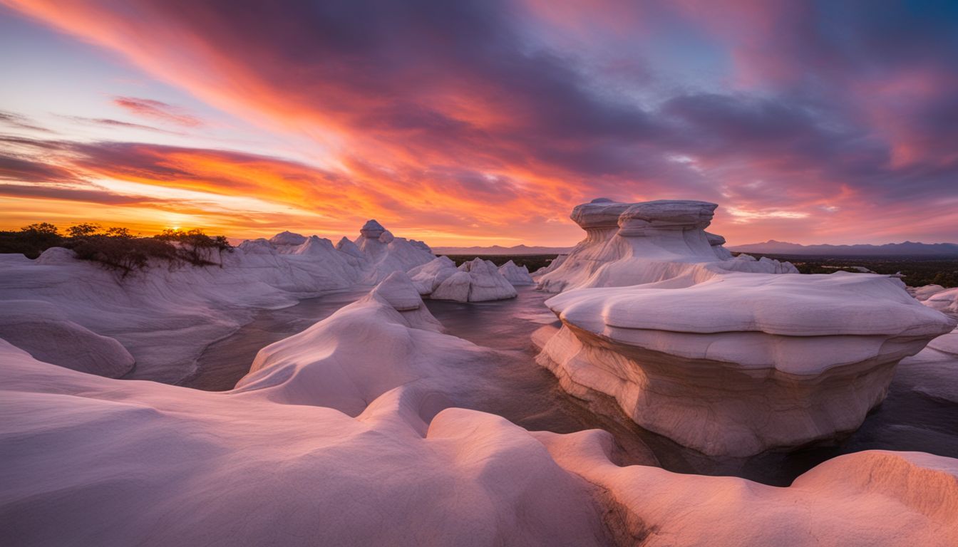 A scenic landscape with white rock formations against a colorful sunset sky.