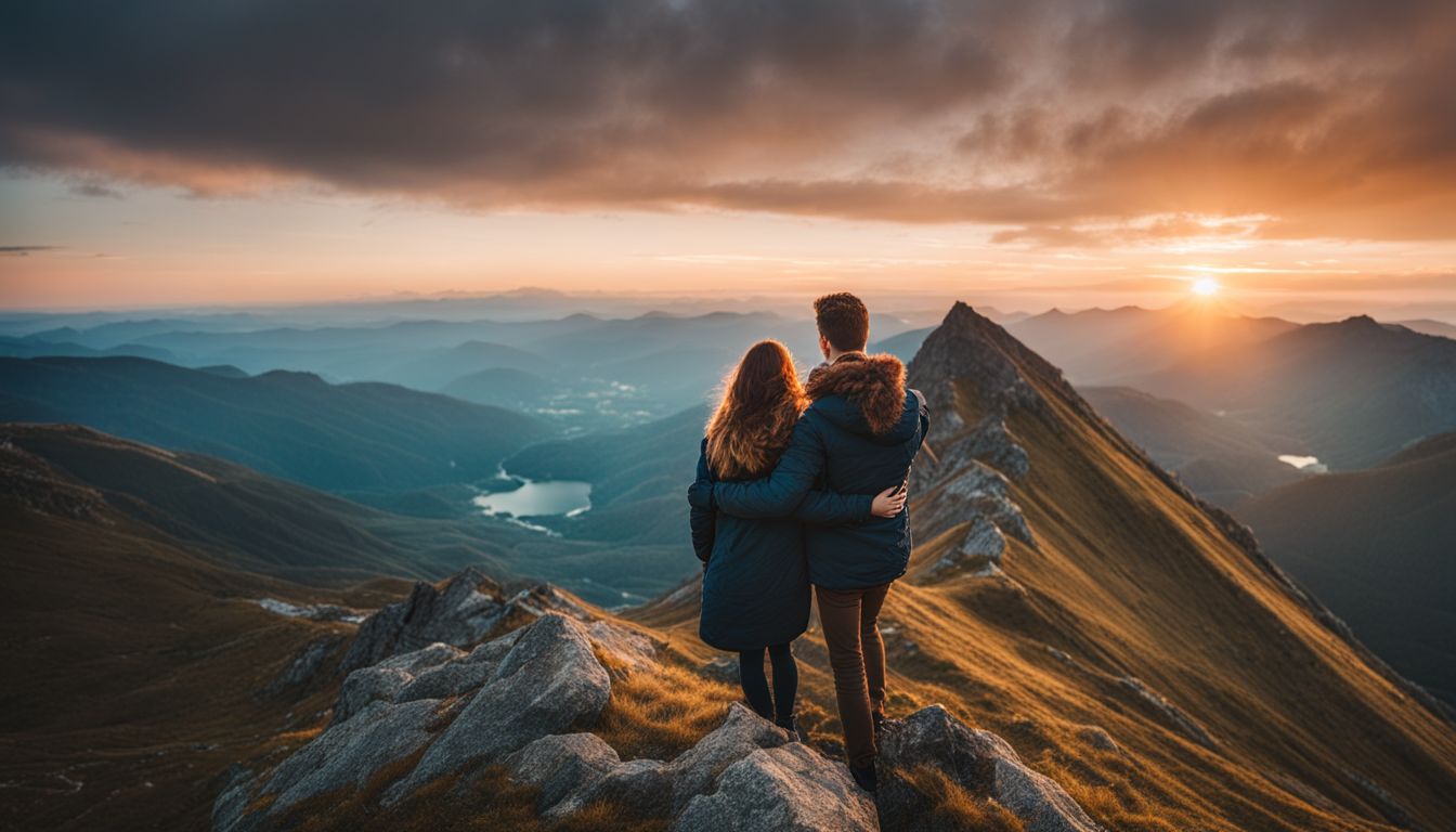 A man and a woman embracing on a mountain peak at sunrise in a cinematic landscape photograph.