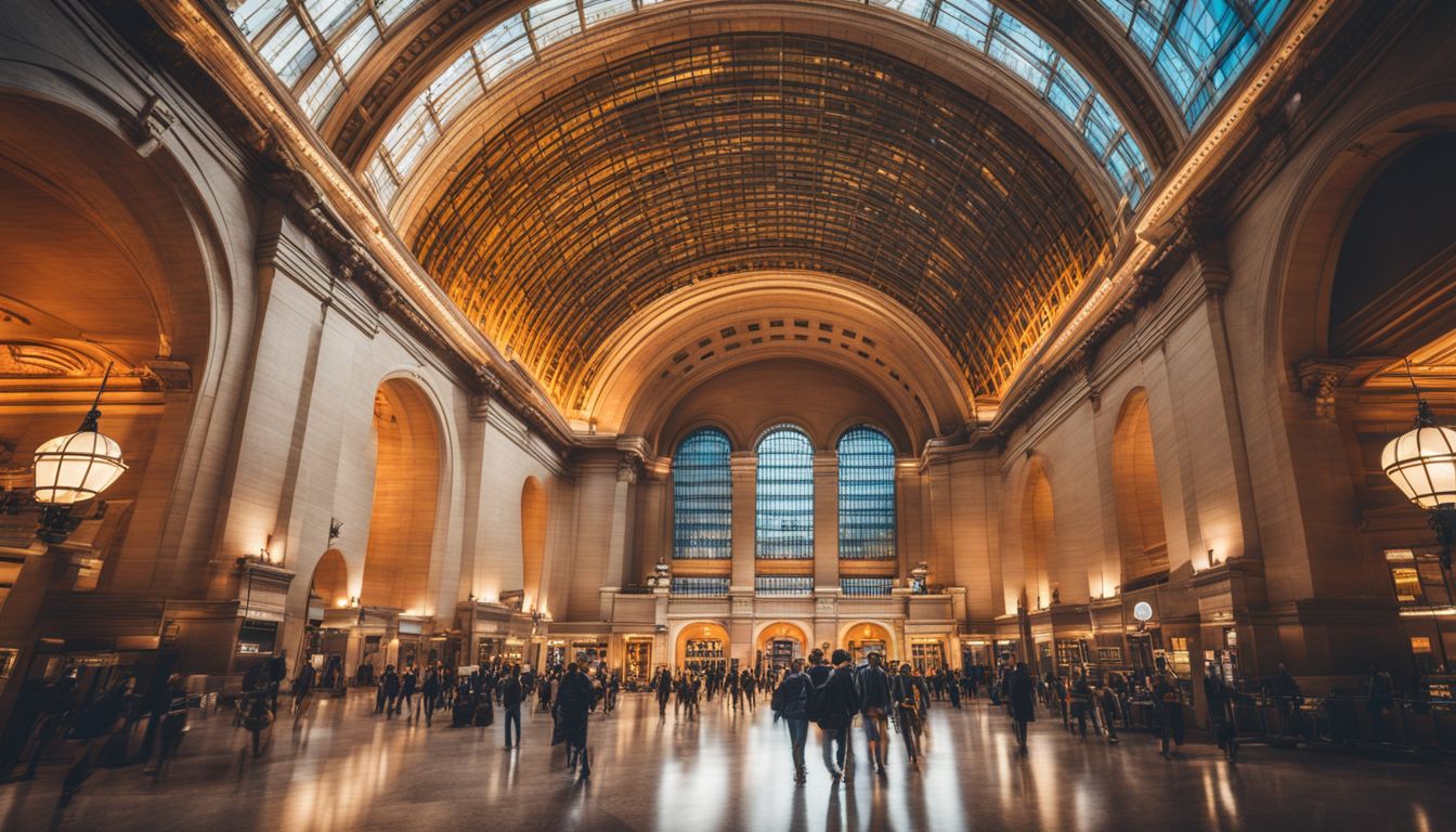 The grand architecture of Union Station surrounded by a bustling urban atmosphere and diverse individuals.