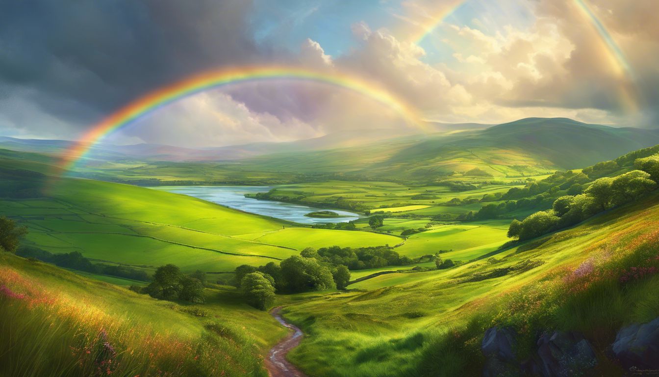 The picturesque Irish landscape with a colorful rainbow in the sky.