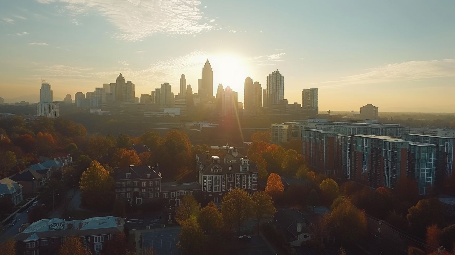 An aerial view of Buckhead Atlanta showcasing the city skyline captured by a drone.