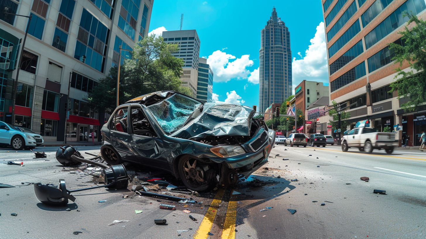 A damaged car sits on a busy Atlanta street captured with a wide-angle lens.