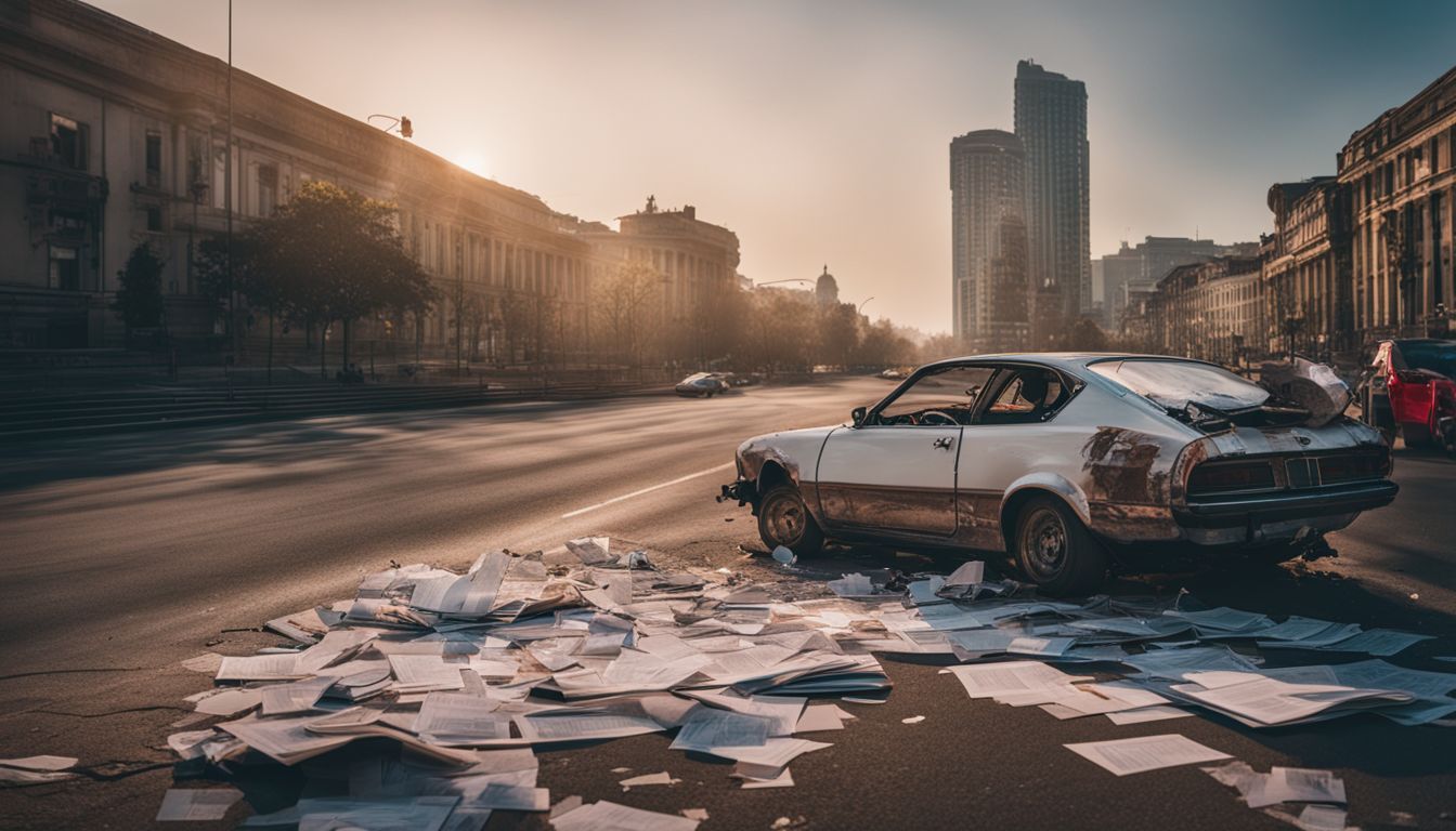 A wrecked car sits on an empty road surrounded by legal documents in a bustling cityscape.