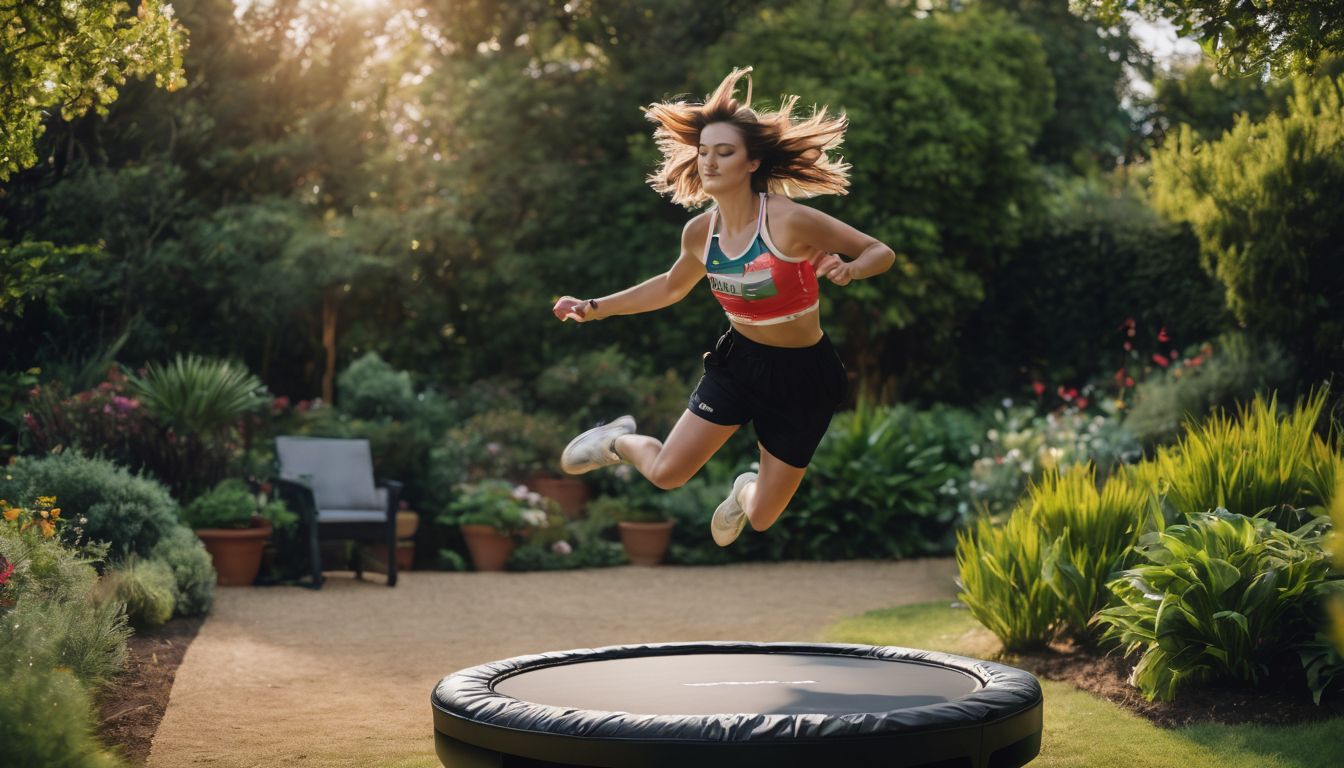 A person rebounding on a mini trampoline in a lush garden.
