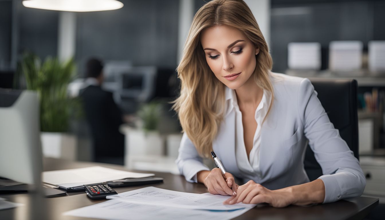 A woman reviewing financial statements in a professional office setting.