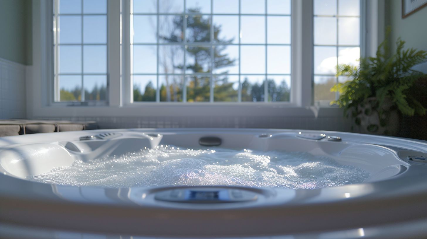 An empty, clean jetted tub with bubbles, captured with a wide-angle lens.