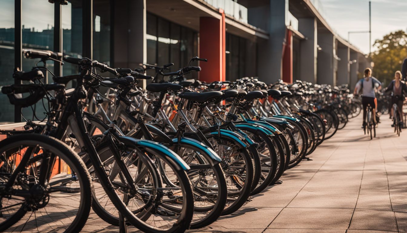 A row of bicycles parked in front of a MARTA rail station in a bustling cityscape.