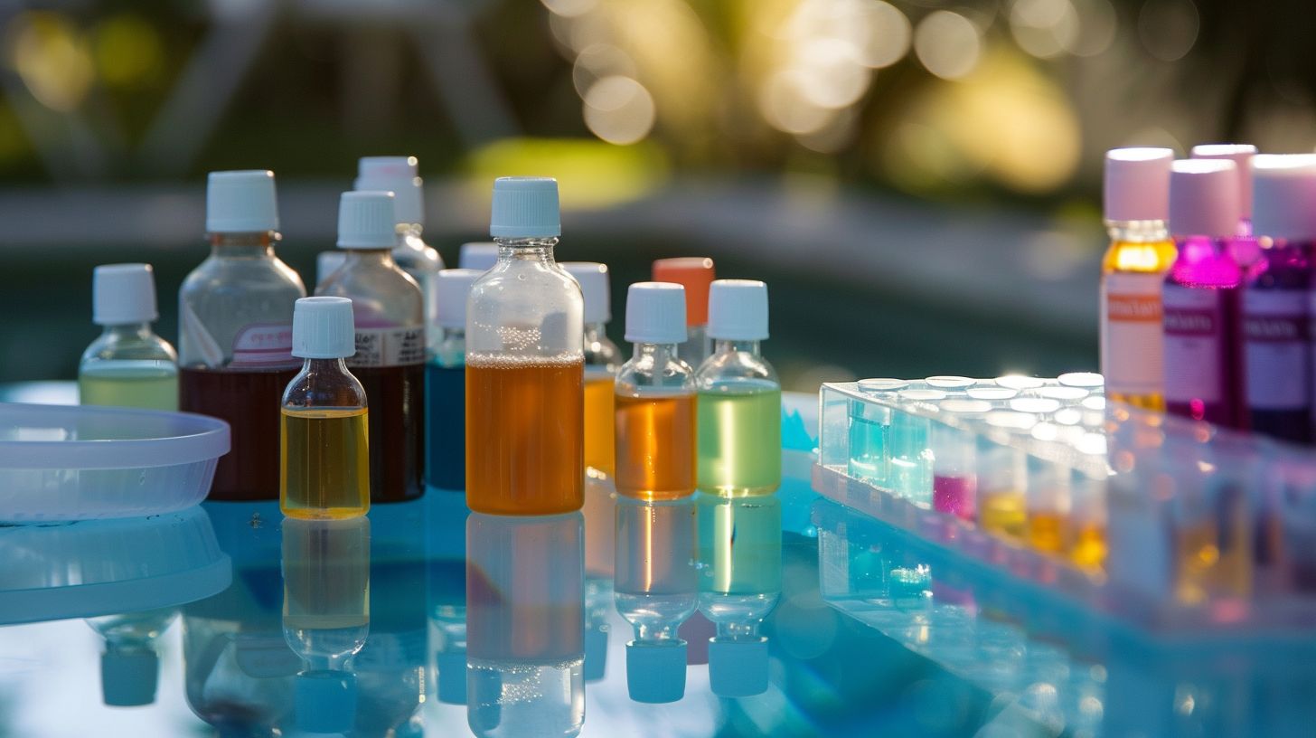 A pool testing kit with various chemical bottles, macro photography.