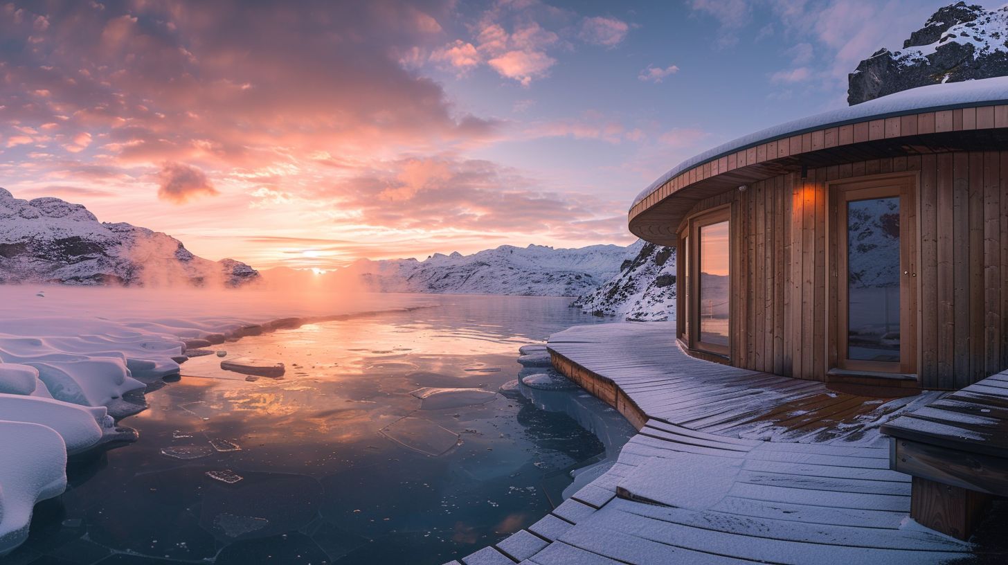 A serene outdoor spa with a sauna and ice bath.