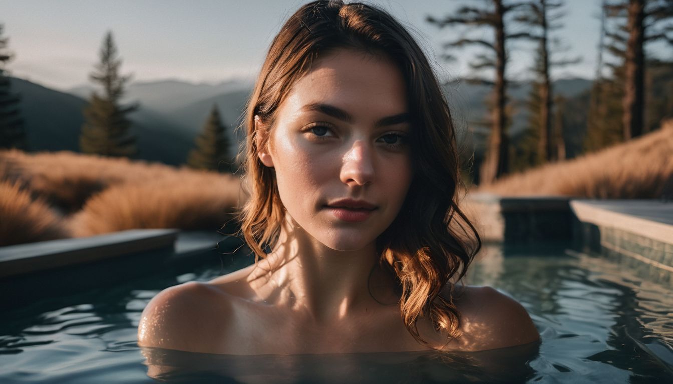 A person standing in a cold plunge pool in a serene nature setting.