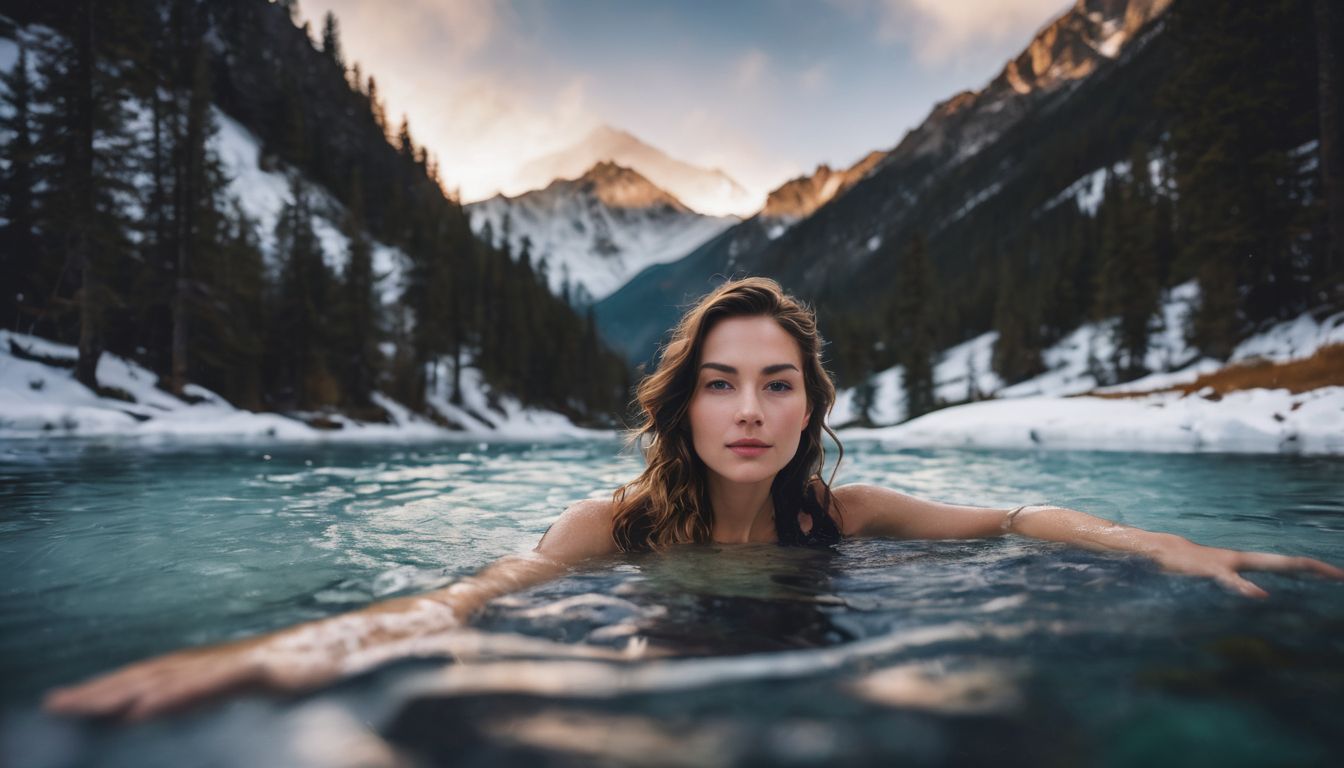 A person enjoying a hot spring in a snowy mountain landscape.
