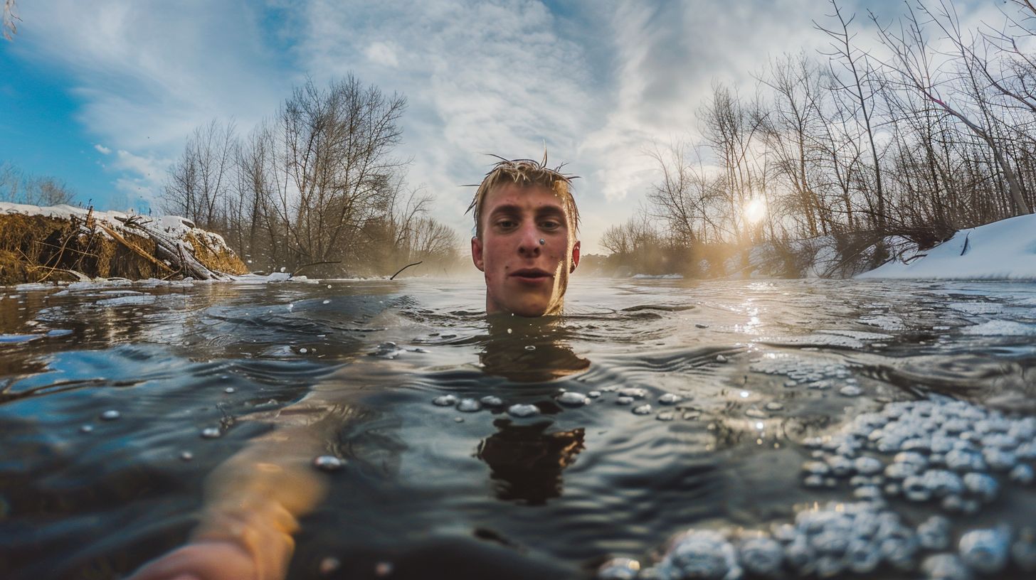 A person submerges into cold water in serene natural surroundings.