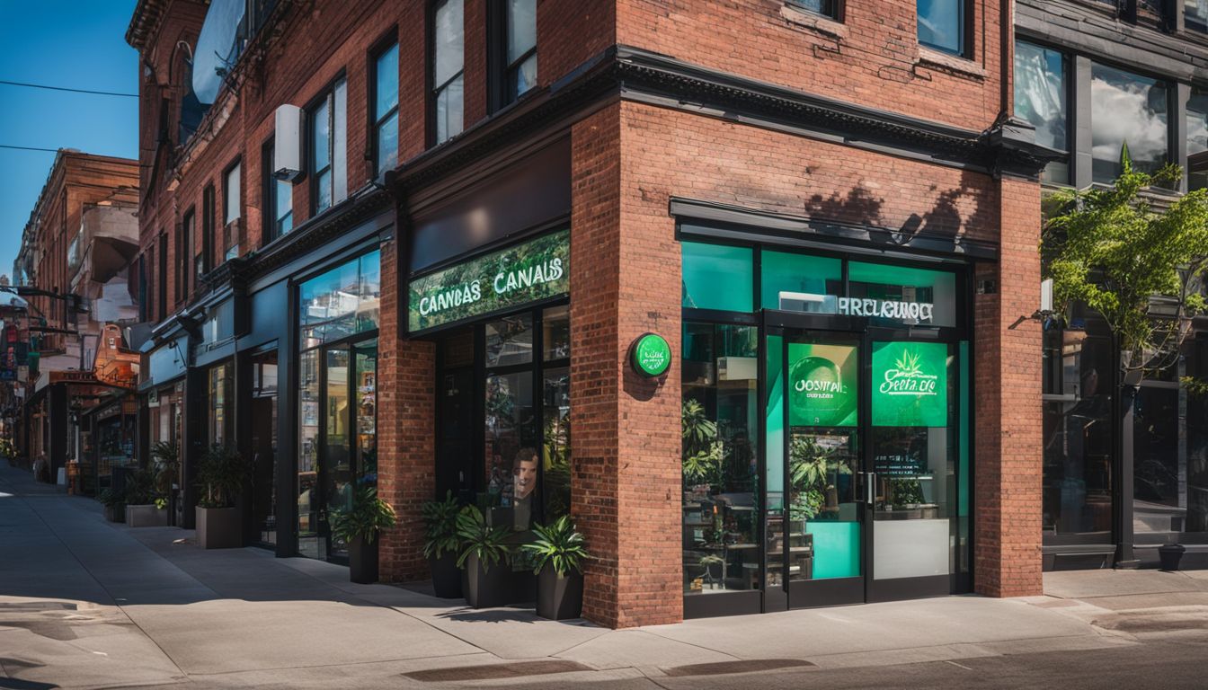 'A modern cannabis dispensary storefront with vibrant outdoor signage.'