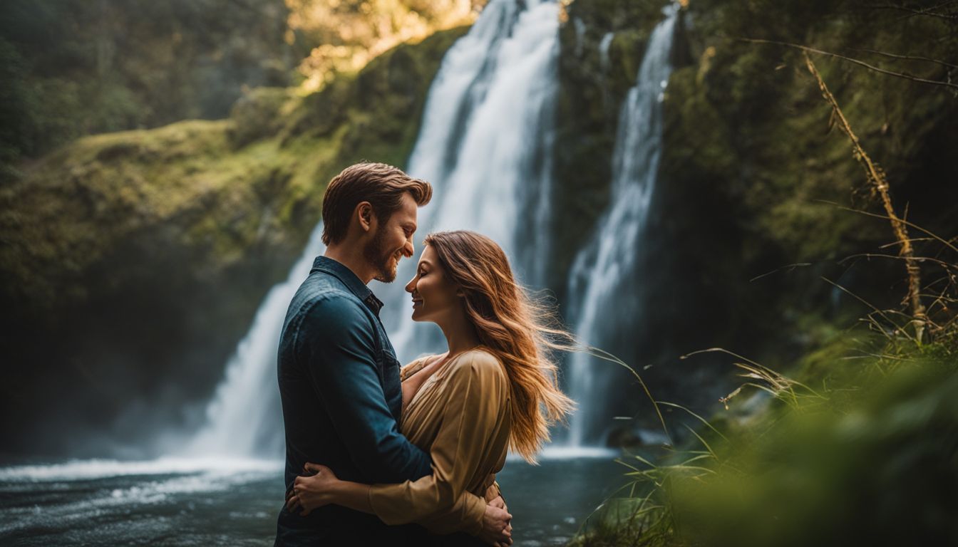 A couple embracing under a refreshing waterfall in a natural setting.