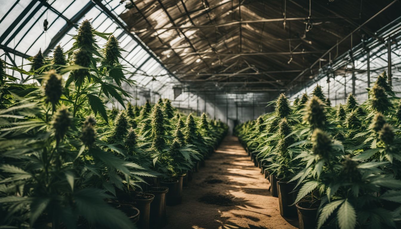 A flourishing cannabis plant in a well-kept greenhouse.