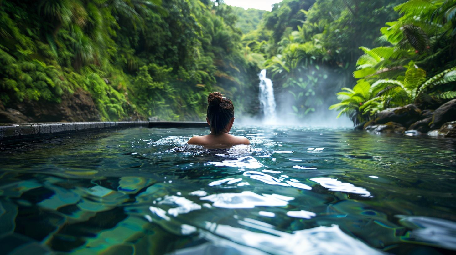 A person sitting in a cold plunge pool surrounded by nature.