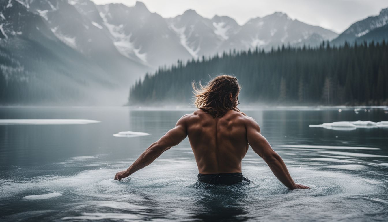 A person taking a cold plunge in a serene, icy lake.