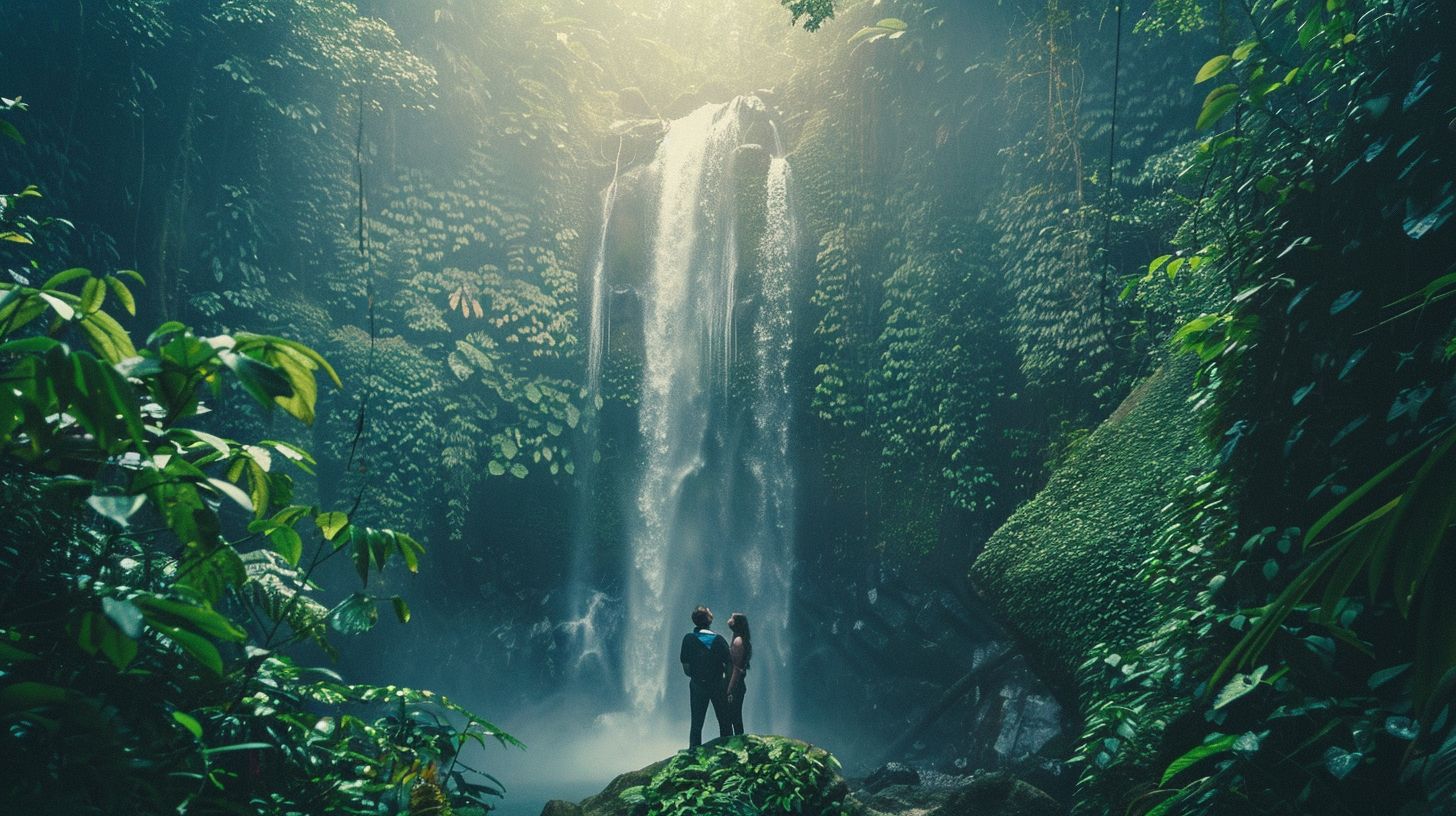 A couple standing under a cold waterfall surrounded by lush greenery.