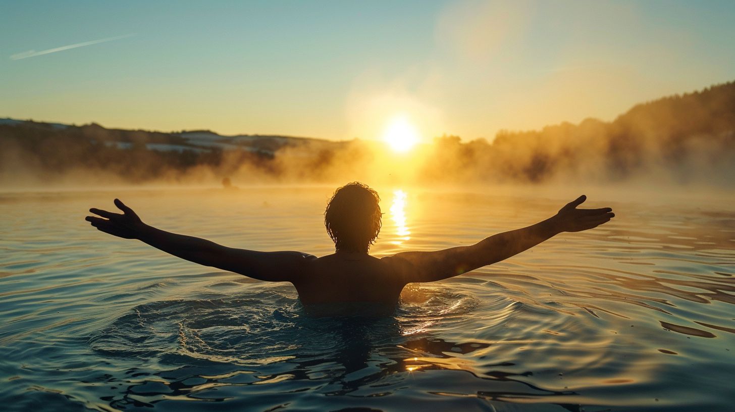Person exiting cold plunge pool at sunrise with mist rising.