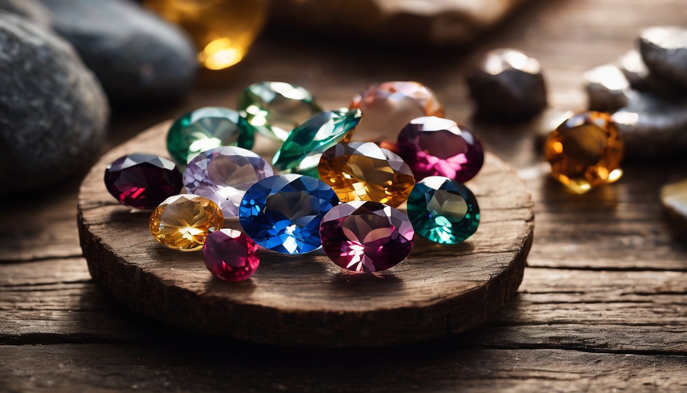A collection of sparkling gemstones displayed on a rustic wooden table.