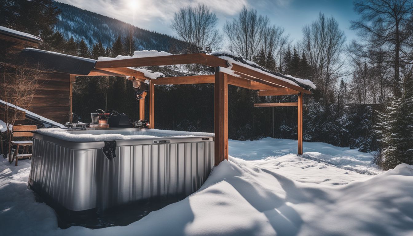 A DIY cold plunge surrounded by snow in a backyard.