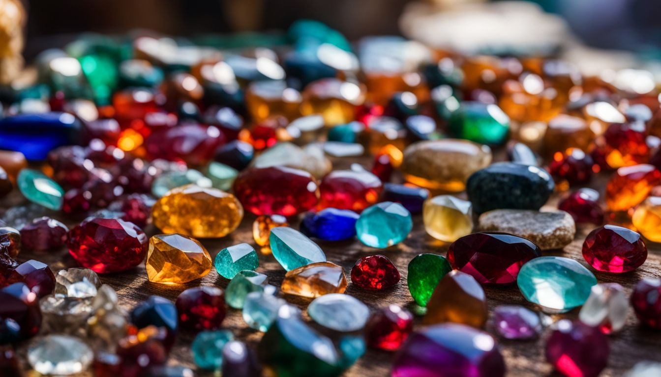 A display of various gemstones in a Tbilisi market surrounded by vibrant colors and a bustling atmosphere.