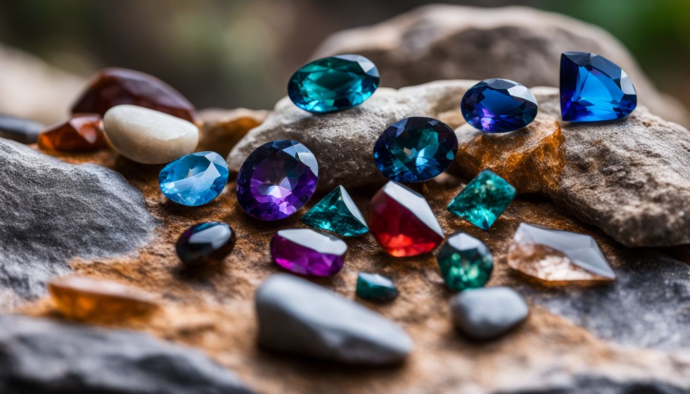A collection of stunning gemstones displayed on a natural rock formation in a bustling atmosphere.