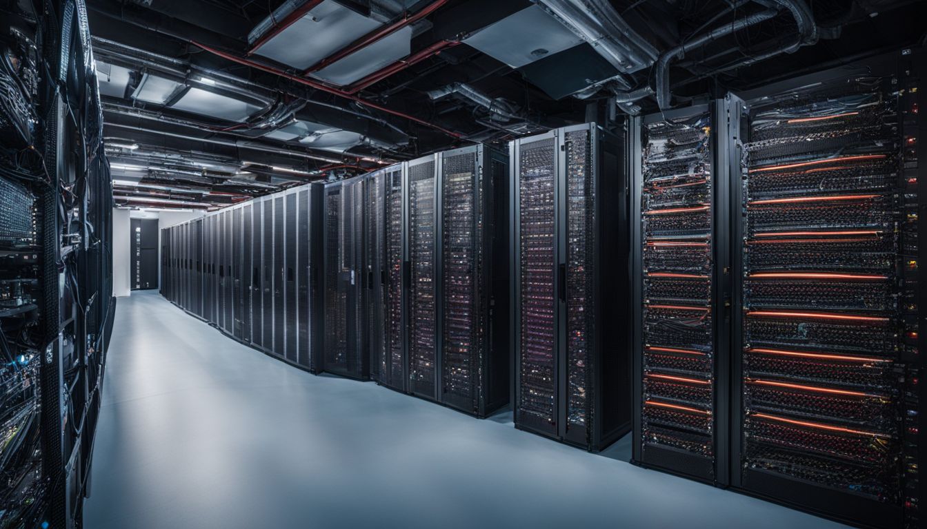 A secure data center with rows of decommissioned servers and IT professionals.