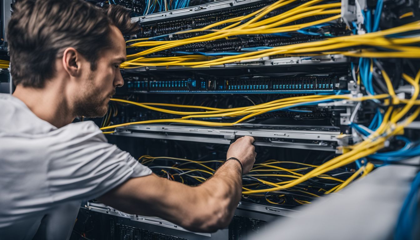 A technician installing structured cabling in a clean server room.