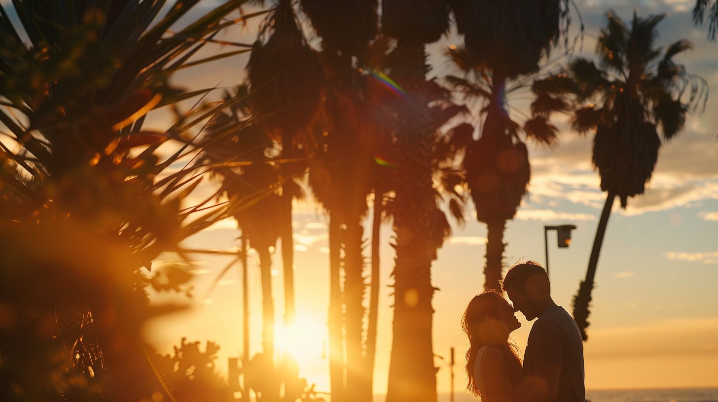 A couple embracing under palm trees at Sunset Beach.