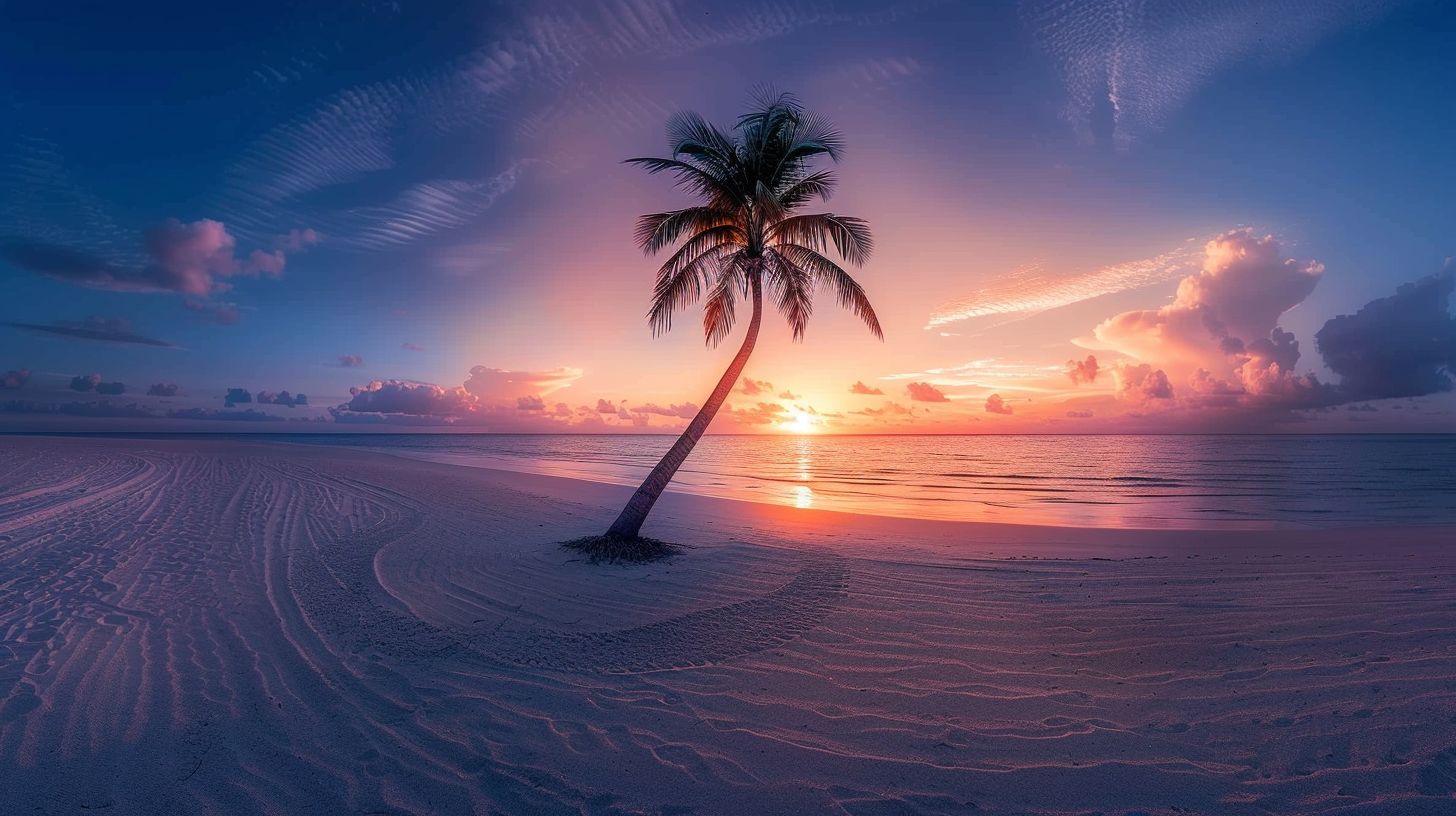 A lone palm tree on a deserted South Florida beach at sunset.