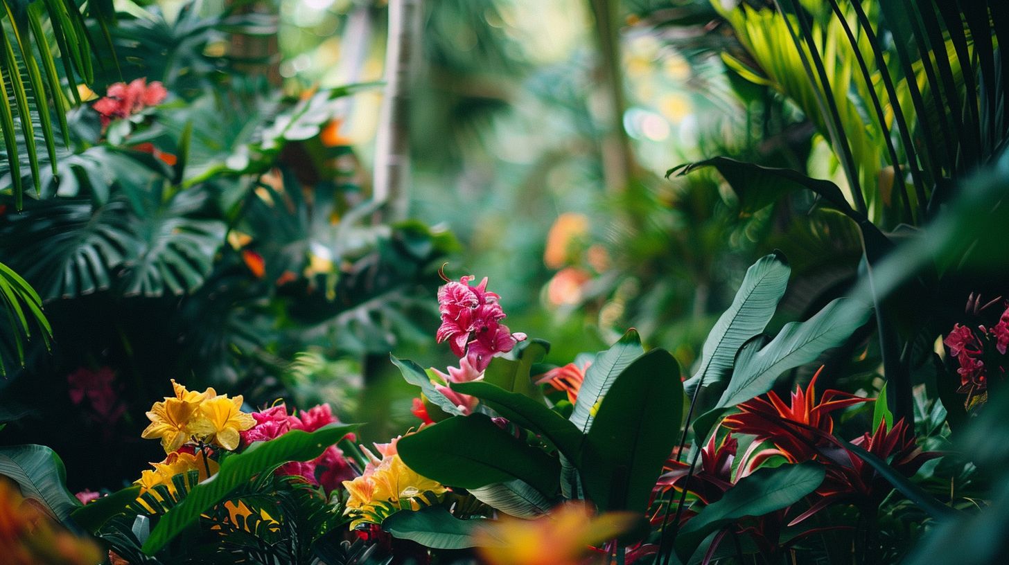 A vibrant tropical garden with colorful flowers and lush greenery.