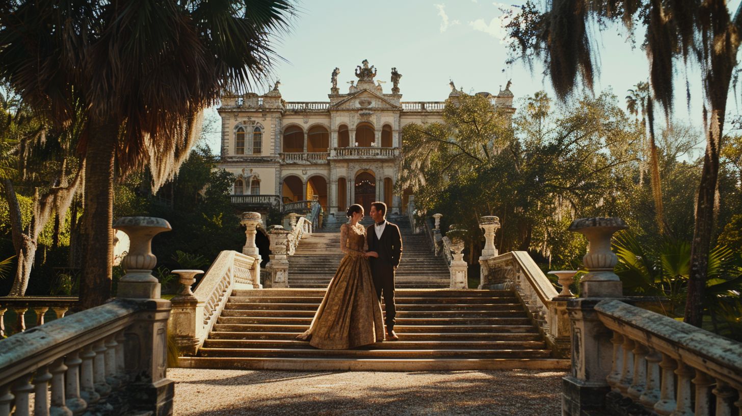 A couple in vintage clothing poses at Vizcaya Museum & Gardens.
