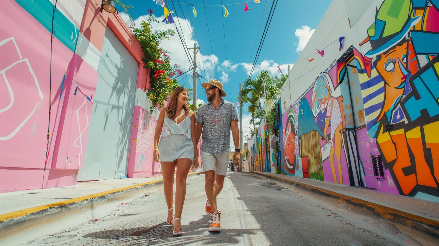 A joyful couple exploring Miami's Wynwood District.