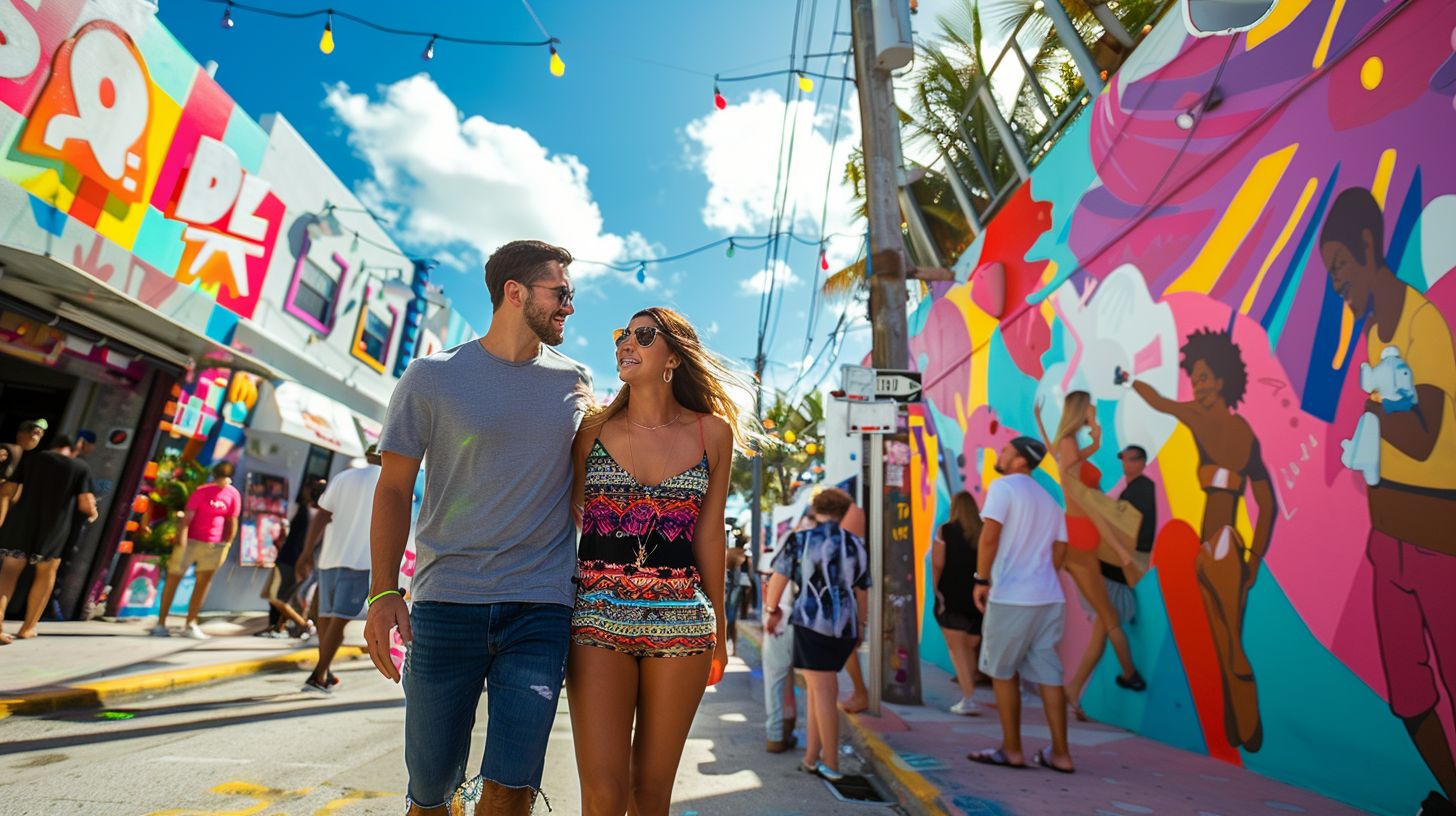 A joyful couple exploring Miami's Wynwood District.