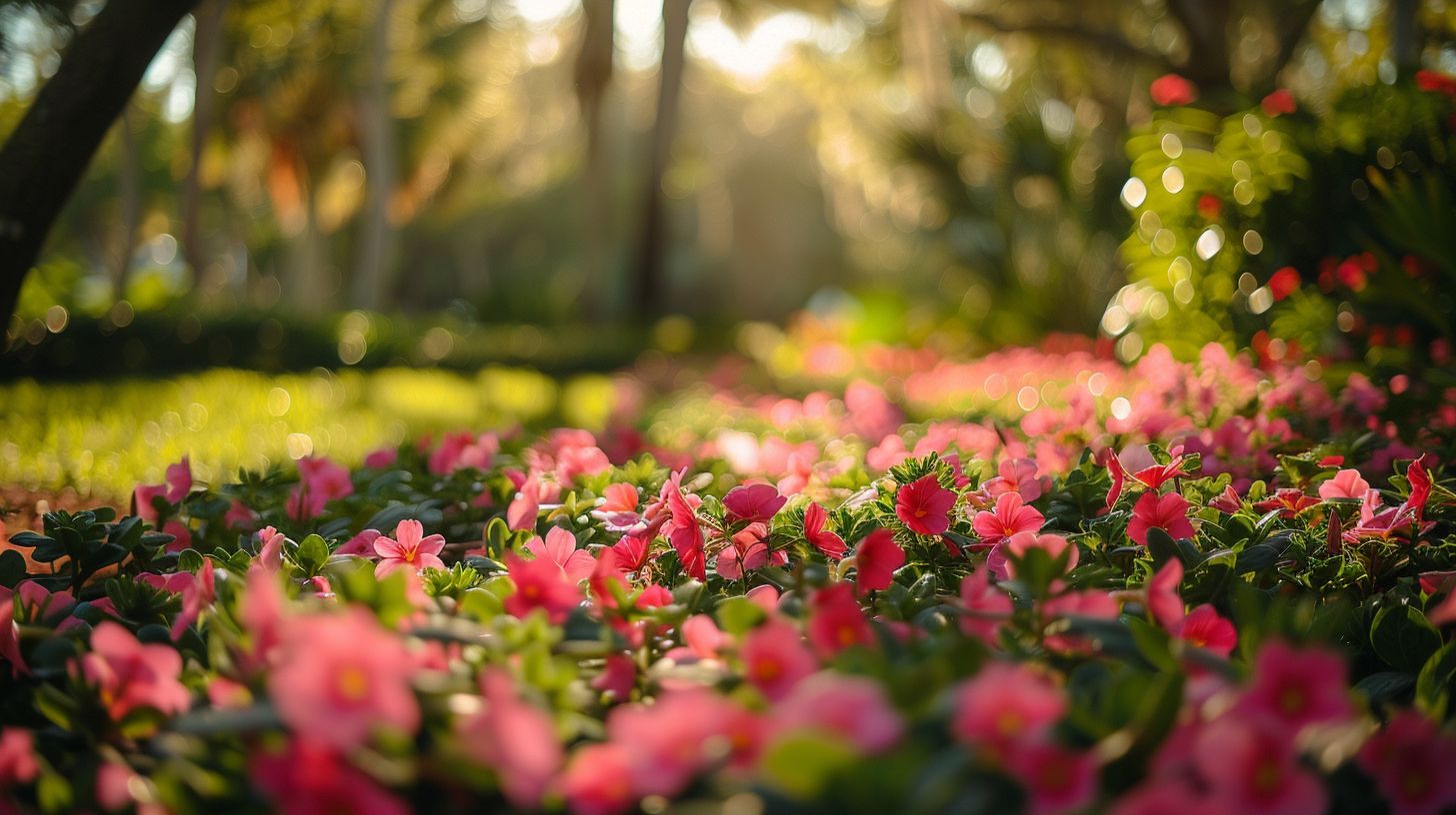 A serene South Florida garden with blooming flowers and greenery.