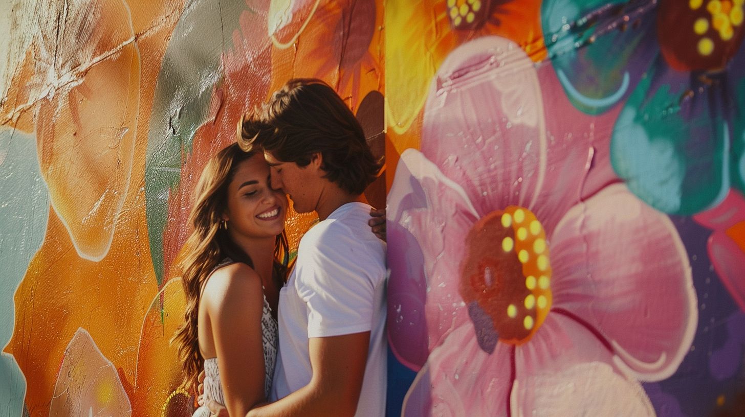 A couple embraces in front of a colorful mural in Wynwood.